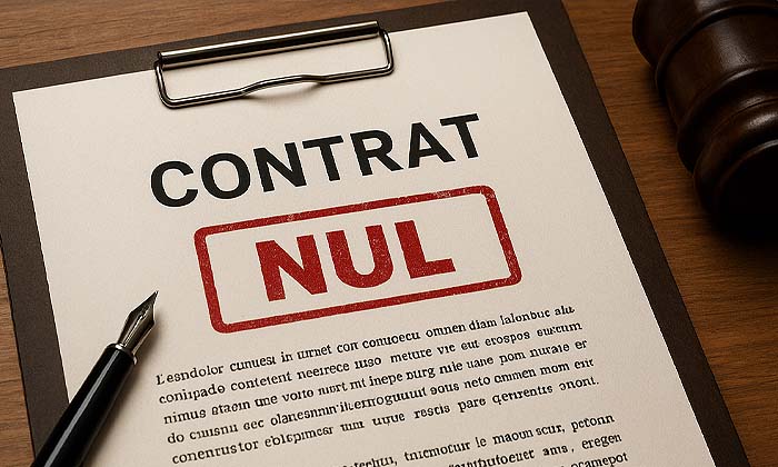 Document juridique intitulé «CONTRAT» avec un tampon rouge «NUL», posé sur un bureau en bois, accompagné d’un stylo plume et d’un maillet de juge flouté en arrière-plan.