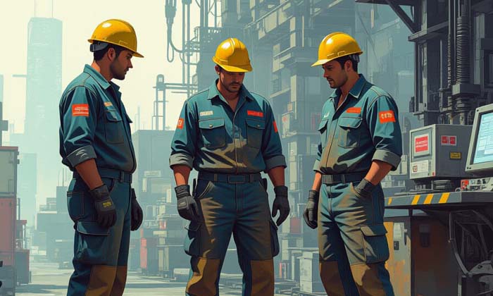 Trois travailleurs intérimaires sur un chantier de construction, portant casque et équipement de sécurité.