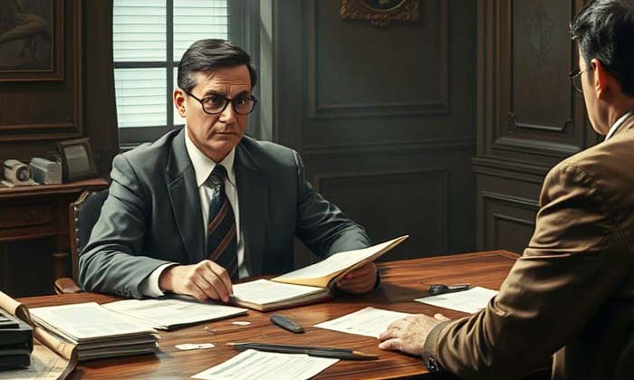 Un juge d’instruction assis à son bureau entouré de dossiers judiciaires, symbolisant ses missions d’enquête et de décision en procédure pénale