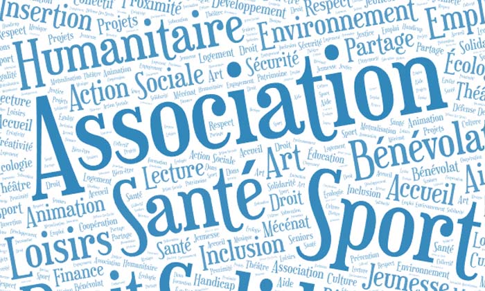 Nuage de mots en français représentant les thèmes liés aux associations loi 1901, avec des termes comme solidarité, culture, sport, éducation, environnement, bénévolat et citoyenneté, disposés en horizontal et vertical, de différentes tailles et couleurs.