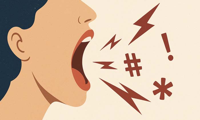 Illustration d’un visage de profil criant, avec des symboles comme des éclairs, un hashtag et un point d’exclamation sortant de la bouche, représentant l’injure publique et la violence verbale.