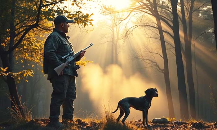 Chasseur accompagné de son chien à l’orée d’une forêt, illustration des droits de chasse sur une propriété privée en France