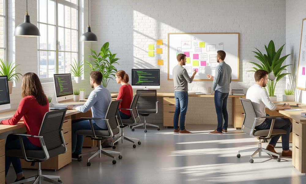 bureau d'une jeune startup avec des employés devant leurs ordinateurs et les dirigeants debout devant un tableau de stratèges.