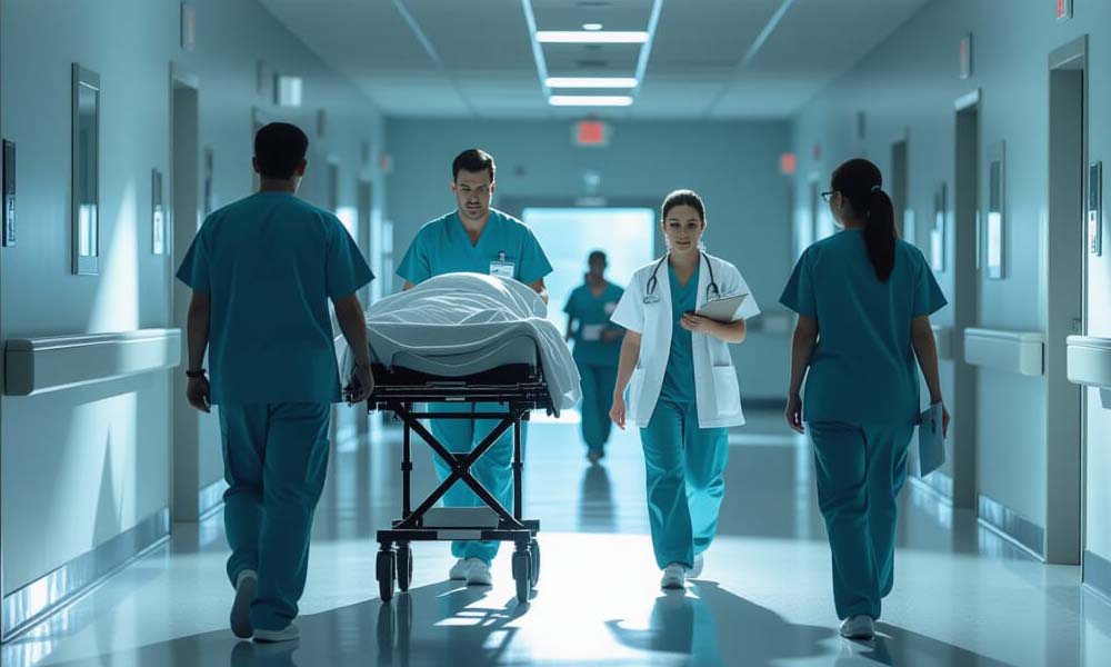 Couloirs d’un hôpital illustrant la responsabilité médicale : un brancardier transporte un patient, deux médecins discutent et deux infirmières marchent avec des dossiers à la main