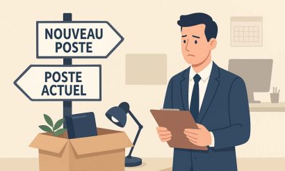 Salarié confronté à un choix entre son poste actuel et un nouveau poste, symbolisé par deux panneaux de direction.