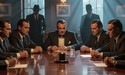 Illustration de l’association de malfaiteurs: groupe d’hommes au style mafieux réunis autour d’une table, symbolisant la criminalité organisée