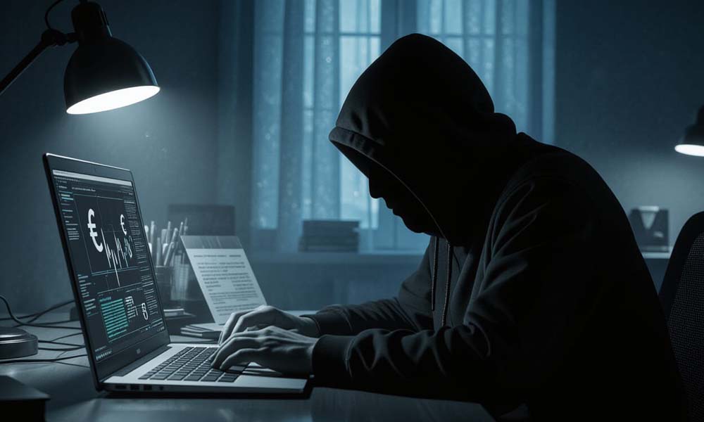 image d'un hacker sur son ordinateur illustrant les escroqueries en ligne et les textes juridiques applicables.