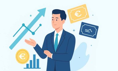 un salarié avec des graphiques de croissance ou des actions flottant autour de lui, symbolisant la valorisation de l’entreprise et ses conséquences sur son intéressement.