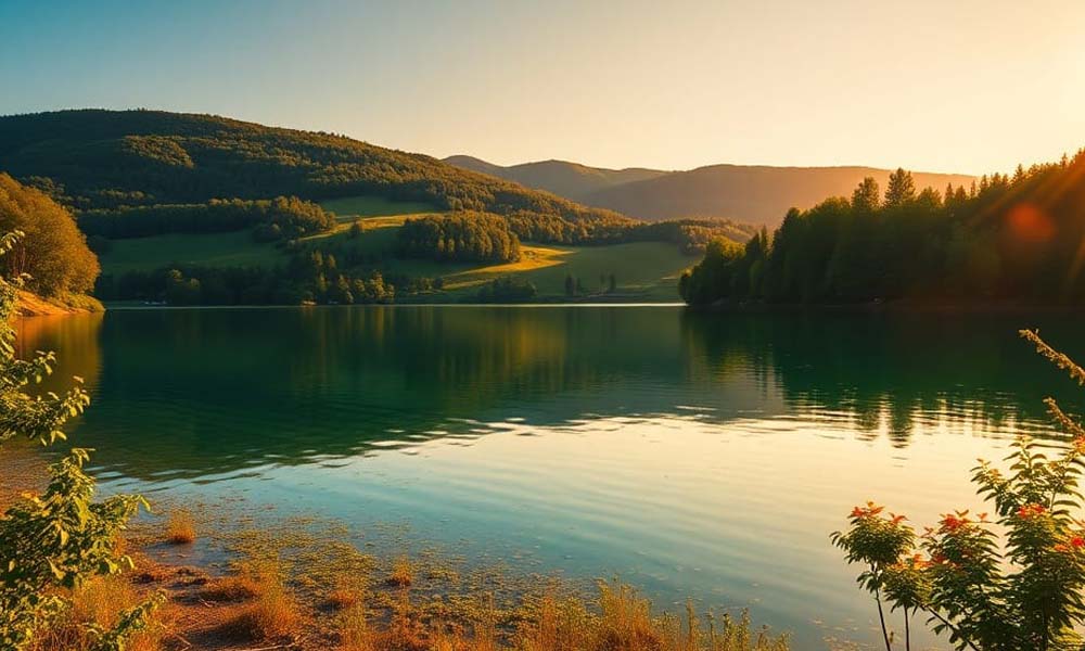 Un lac dans la campagne vallonnée illustrant la gestion de l'eau en milieu rural et agricole.