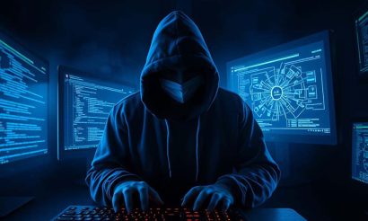 Hacker assis dans un studio sombre face à plusieurs écrans affichant des lignes de code, atmosphère technologique et mystérieuse.
