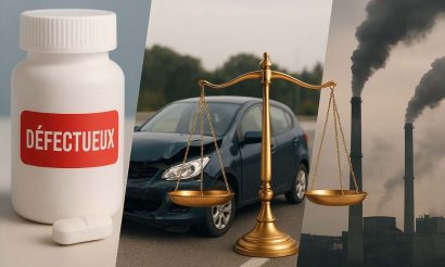 Composition en trois parties illustrant différents régimes spéciaux de responsabilité civile : à gauche un médicament, au centre une voiture, à droite une usine émettant de la fumée.