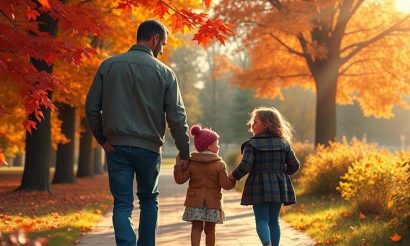 Père de dos marchant dans un parc avec ses deux enfants, illustrant les droits du père, la coparentalité et l’autorité parentale après une séparation.