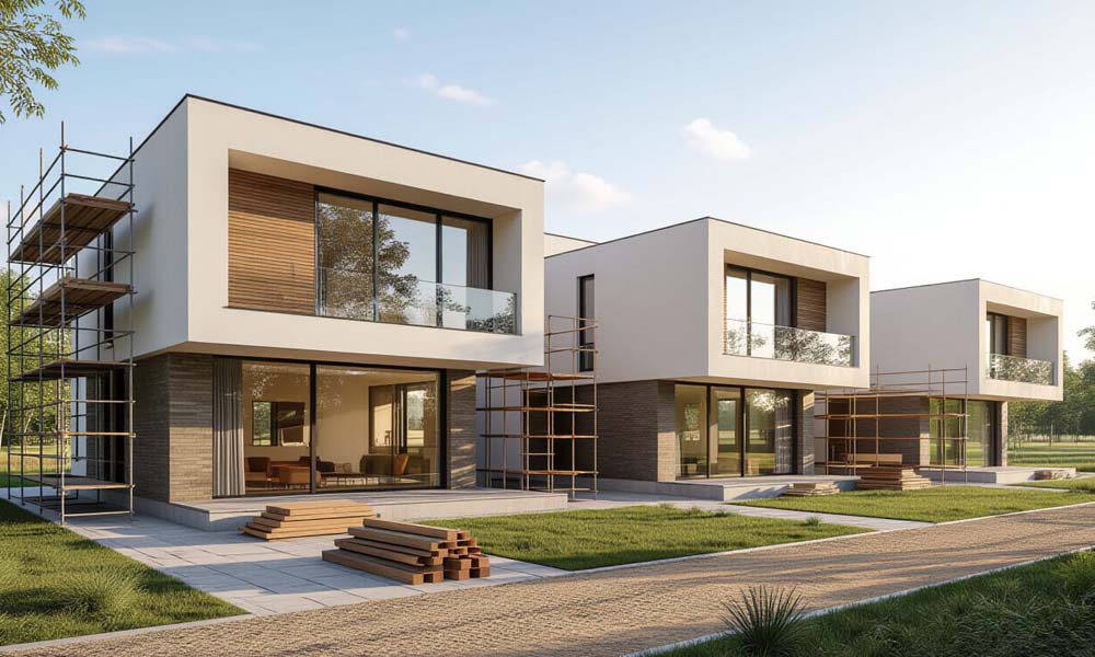 Trois maisons modernes en construction dans un lotissement situé en pleine campagne illustrant le problème d'artificialisation des sols.