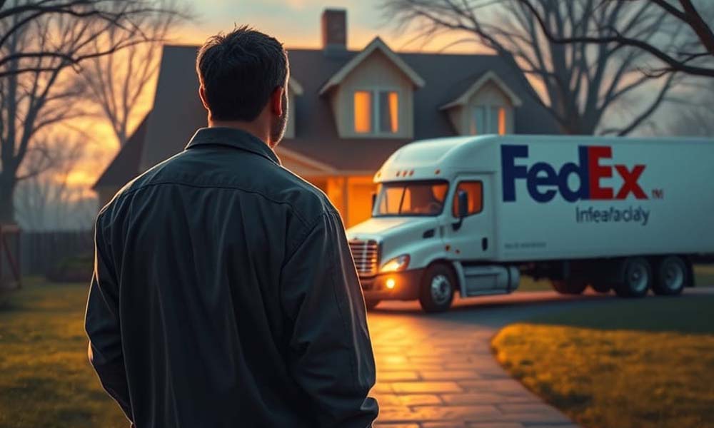 Homme attendant le camion de livraison devant sa maison, illustrant un colis en retard ou une livraison problématique.