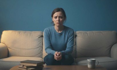 image d'une femme au visage triste assise sur son canapé illustrant le préjudice moral en droit français.