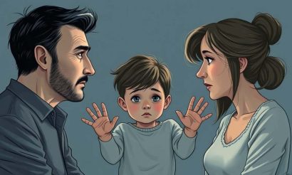 un enfant au milieu de ses deux parents qui ont l'autorité parentale conjointe.