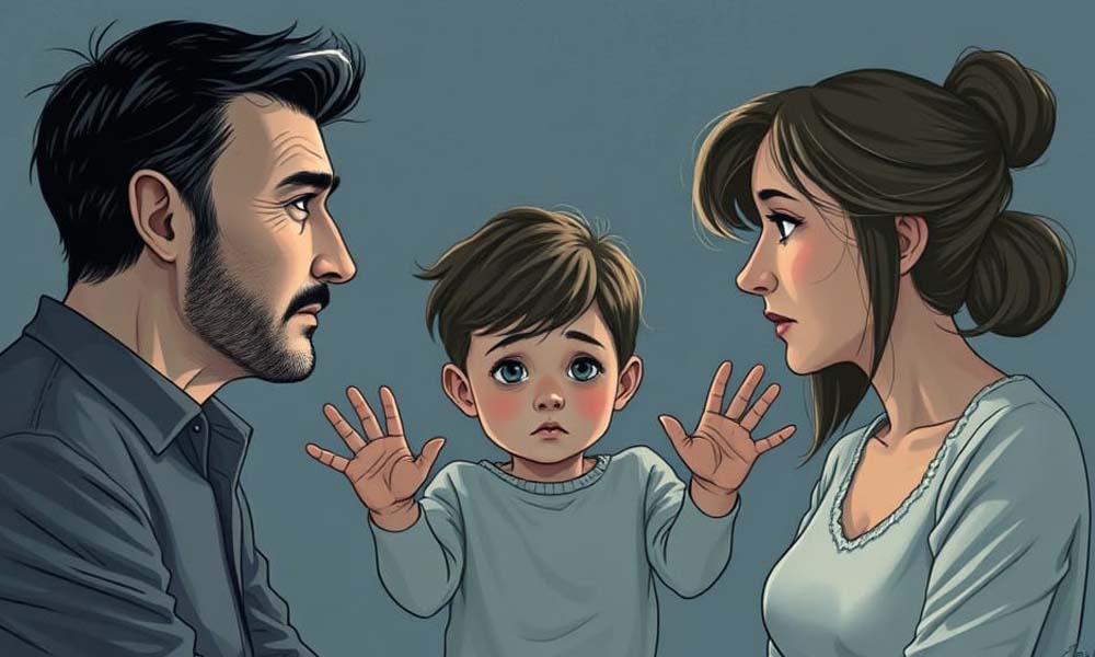 un enfant au milieu de ses deux parents qui ont l'autorité parentale conjointe.